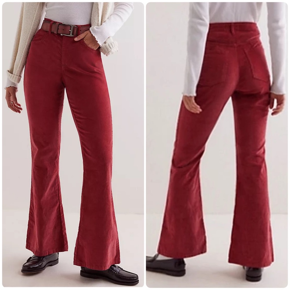 NEW Size Large Free People CRVY Karma Corduroy High Rise Flare Jeans Red Dhalia